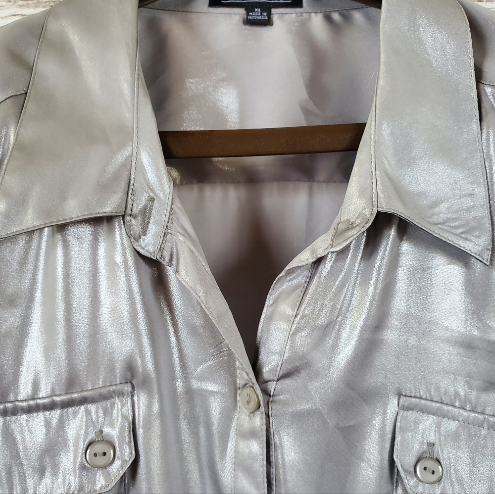 Y2K Notations Metallic Silver Shimmer Button-Front Blouse with Roll-Tab Sleeves - Picture 5 of 15
